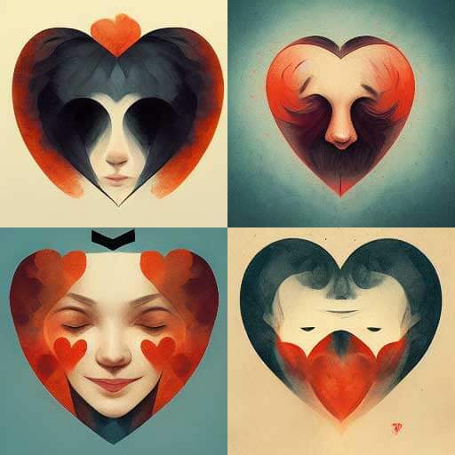4 watercolor hearts, each with a face within; one face has deep wells of dark instead of eyes, another is just the nose the rest of the face in shadow, another is a smiling young woman with more hearts on her cheeks, and another looks like someone wearing a red heart N95 mask.