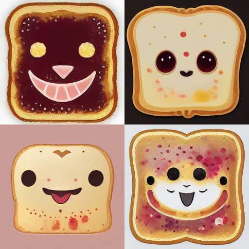 4 images of toast. Two look like bread with red smears and cartoony happy faces, one looks like someone toasted the bread until it was black and then carved a Jack o' Lantern face, and the last one has four eyes and maybe four mouths with a painted-on grin below them.