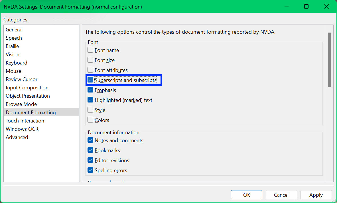 NVDA settings dialog showing document formatting options to enable subscript and superscript announcement.