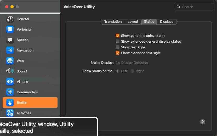 VoiceOver Utility dialog showing Braille formatting options to enable subscript and superscript announcement.