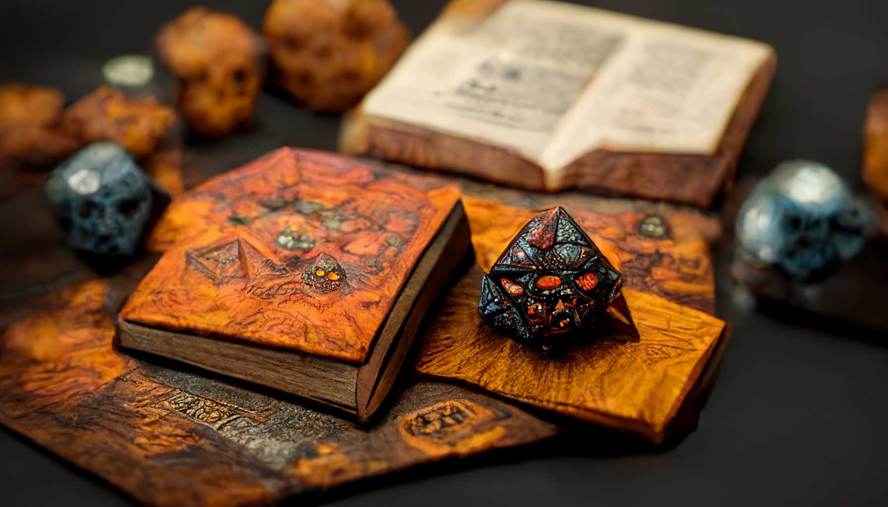 A set of awkward books with leather-seeming covers with raised textures of geometric organic shapes; one on book is multi-facted shiny black fractured pyramid with bright red and blue shapes; in the background are more of those and maybe small skulls; the photo has  shallow field of focus.