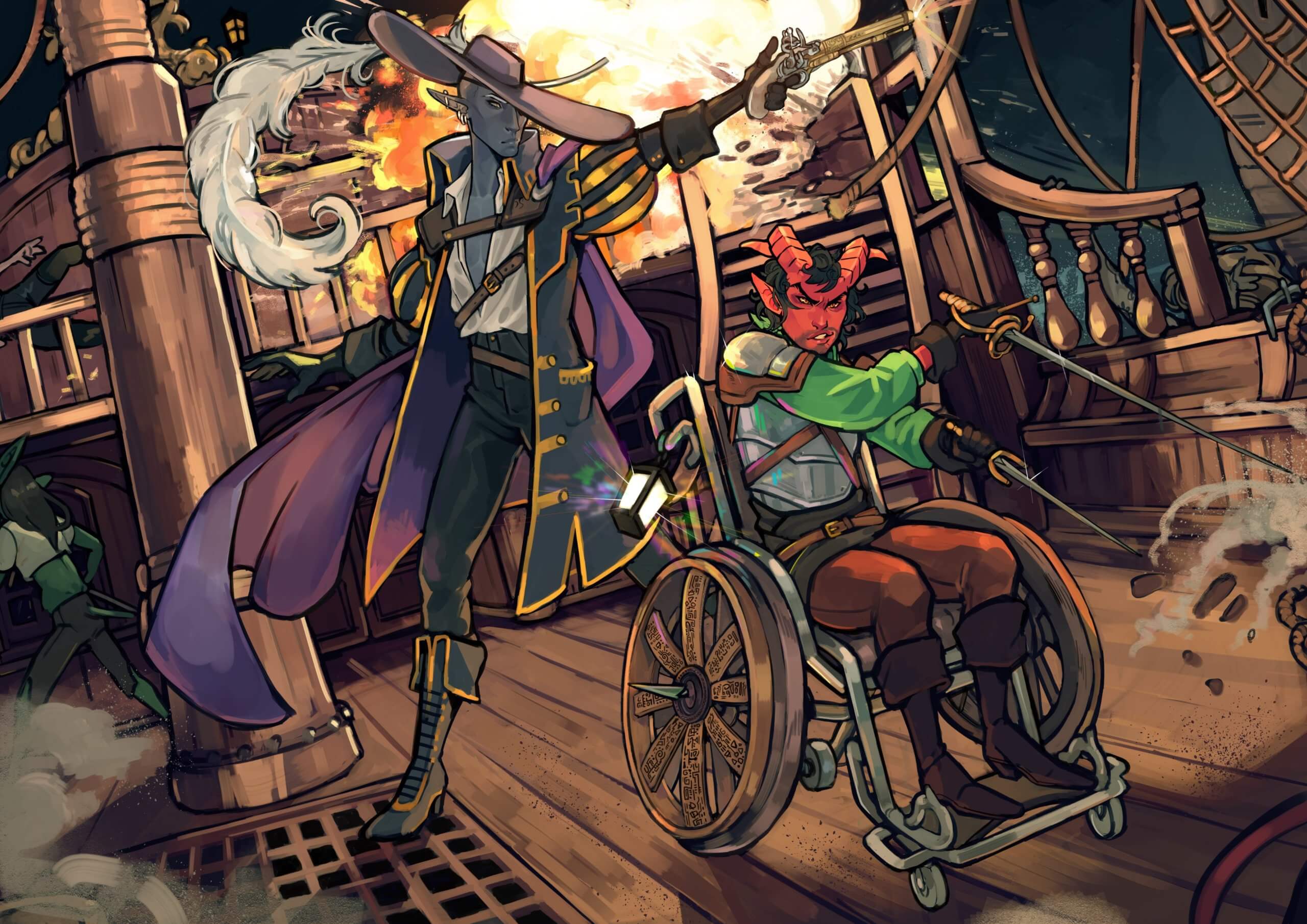 A tiefling with a rapier and dagger in a wheelchair, with a gray elf firing a pistol, both on the deck of a ship with an explosion in the background.
