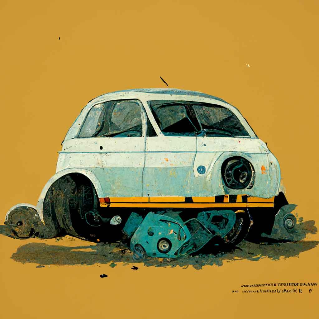 A cartoonish boxy white sub-compact car with one wheel well and no tires. Beneath the car it appears to be resting on a pile of its own engine parts.