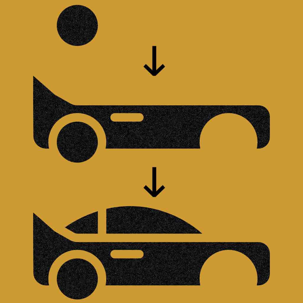 MVP diagram showing going from a single wheel, to an open car frame on that single wheel, so a closed car cabin on that single wheel.