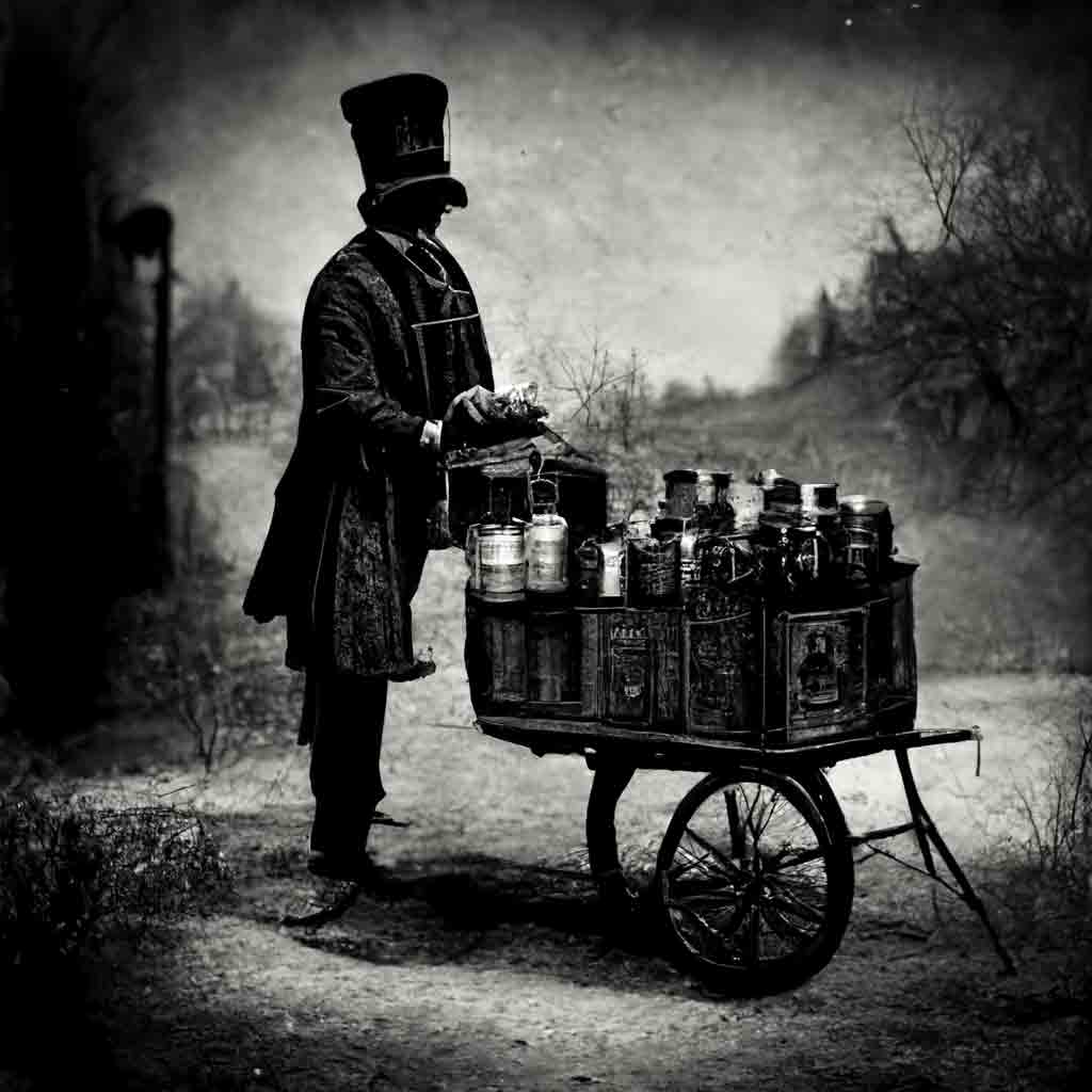Antique black and white photo of a man in dark suit and stovepipe hat pushing a wooden cart full of bottles, their labels illegible.