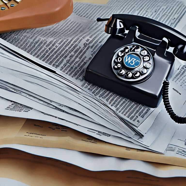 A black rotary phone with the W3C logo sitting on stacks of technical papers.