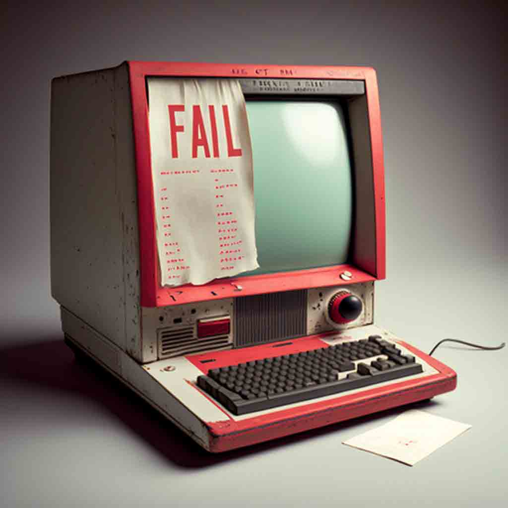 A beat-up old computer, keyboard and monitor all as one piece, with a yellowed piece of paper taped over half the screen; the paper has the word “FAIL” in large red letters at the top, and below it is a checklist.
