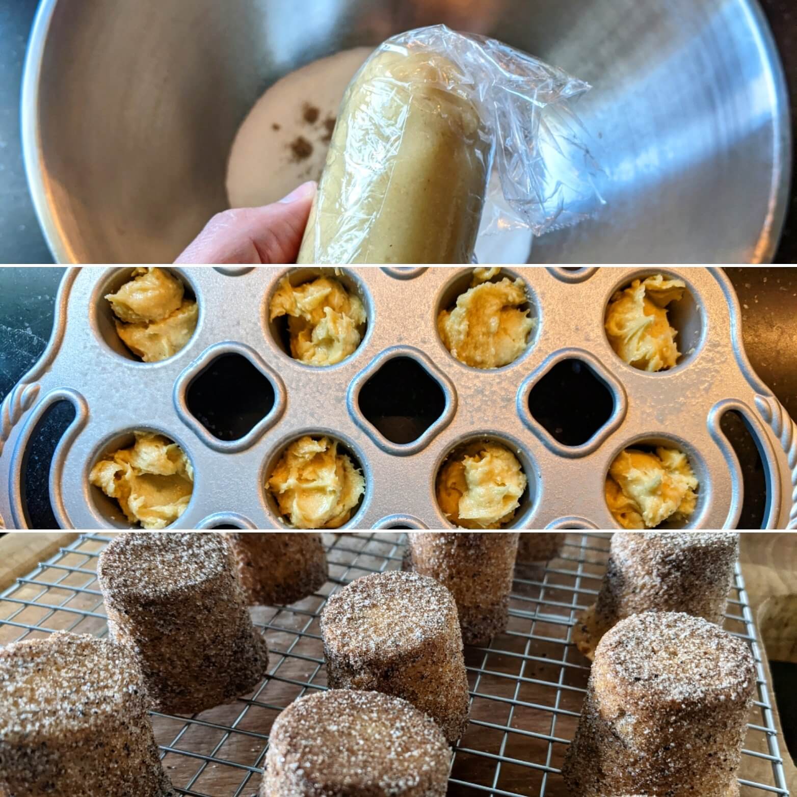 Three images. A hand holding a log of fresh marzipan wrapped in cling wrap. A petite popover pan filled with fresh dough. A cooling rack with narrow cylinders of cake rolled in cardamom sugar.