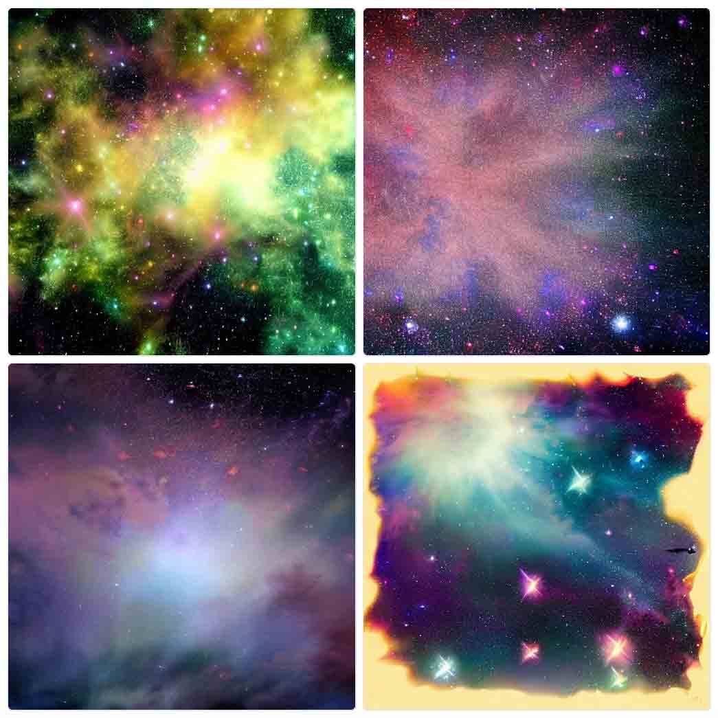 One image is a dense yellow cloud with diffuse edges and purple starts against a black star field. Another is a cloud of lavender dust radiating out in fuzzy lines from the center, against black with rough colored dots. A loose cloud of white and purple taking up most of the frame, not much structure, only a little bit of black visible at the edge. A handful of narrow spiked glowing triangles of color on a field of black, one large white dust cloud in the corner, and edges of the image feeling like looking through torn parchment.