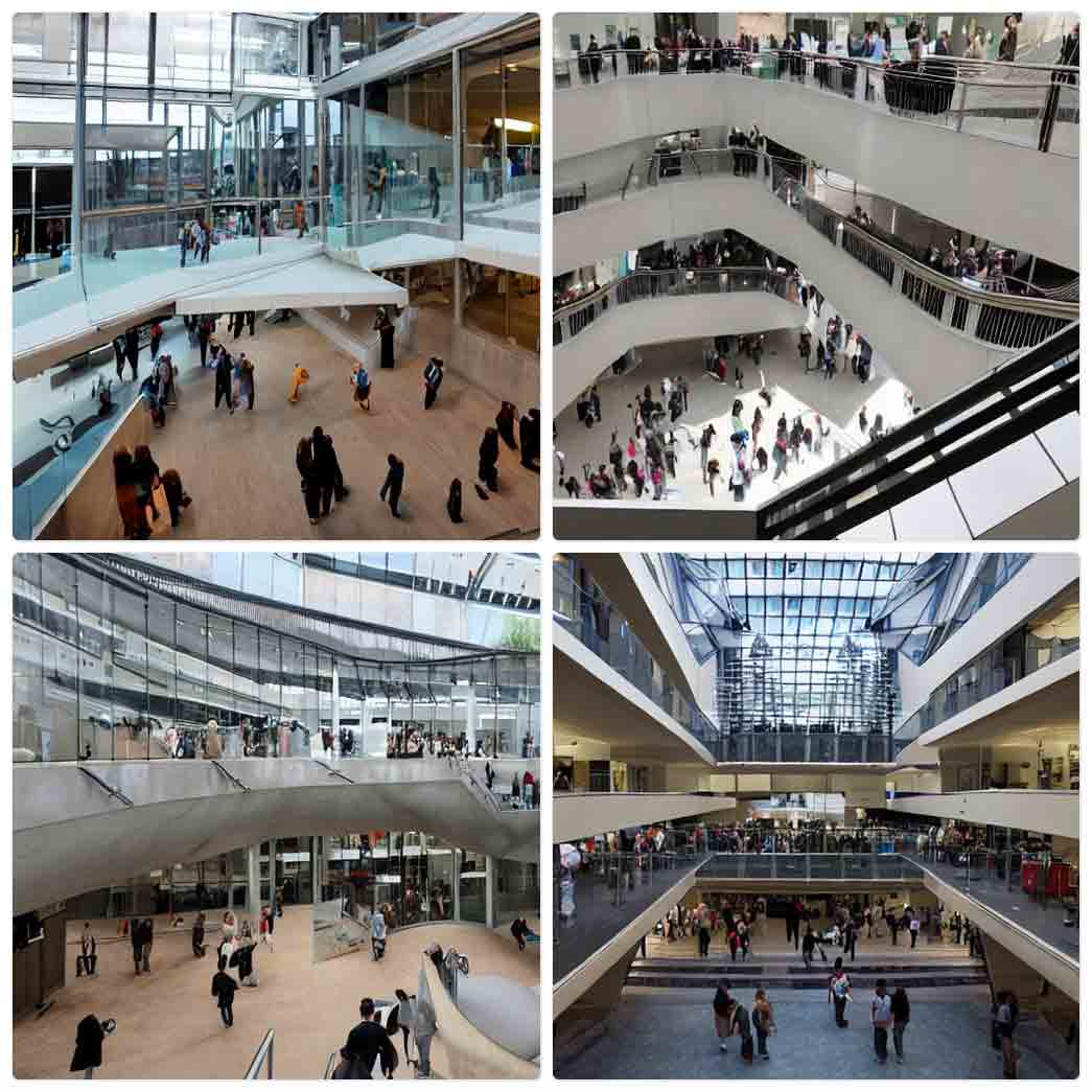 Four separate images broadly showing crowds of people moving through large multi-storied open spaces with glass walls and ceiling. One image is looking down into an atrium, and feels most like the source image. Another shows a very symmetric and squared set of floors. None show ramps.
