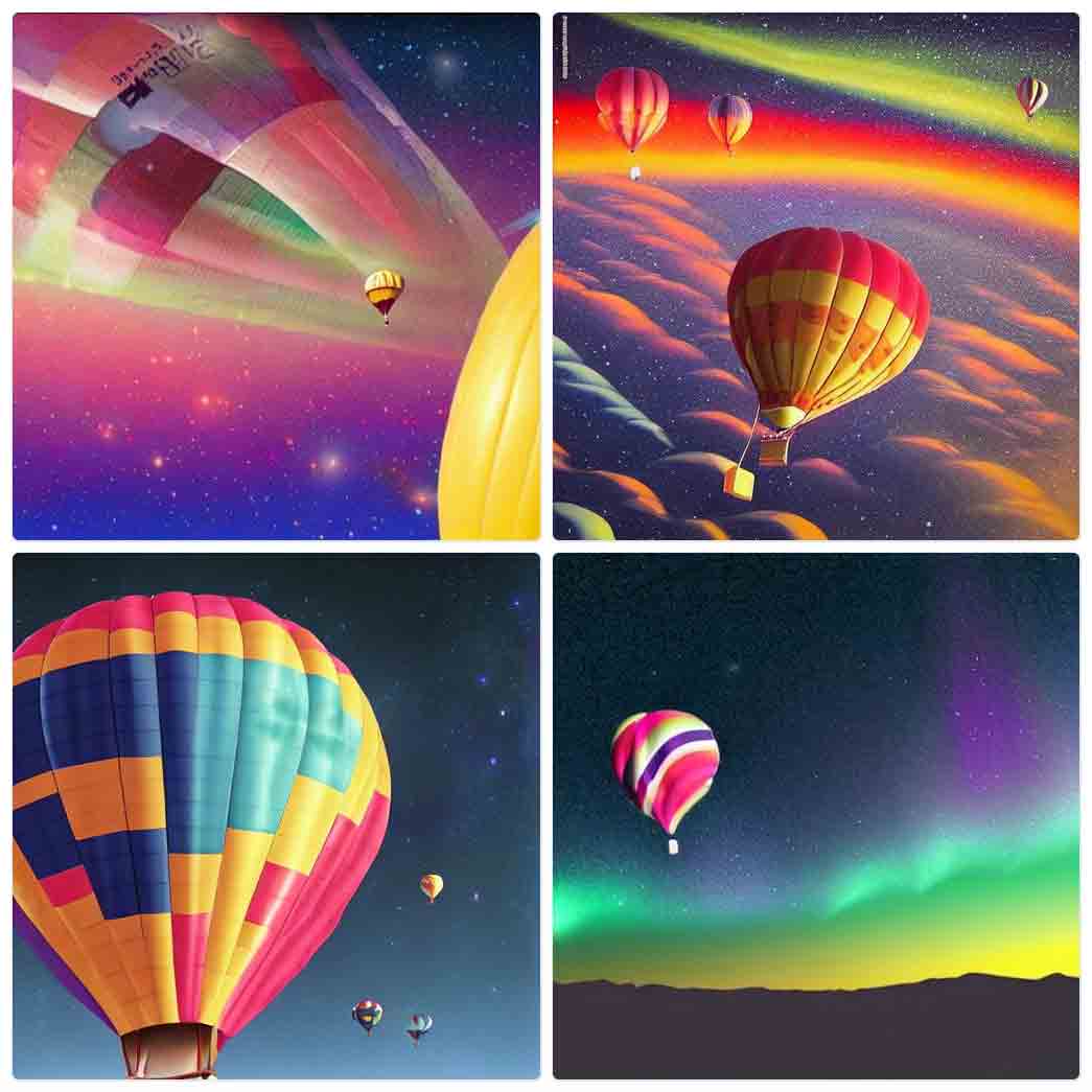 An aurora made up of a ghost image of a balloon being blown nearly horizontal, with one distant balloon and the crescent edge of one very near that may also be a pumpkin. Four colorful balloons in the purple stratosphere well above the highest clouds of blue and red and yellow arcs, with a green aurora above them. A nearby perfectly normal photo-realistic balloon against a perfectly ordinary dark sky. A lone balloon above a mountain horizon with yellow, teal, green, blue, and purple aurora.