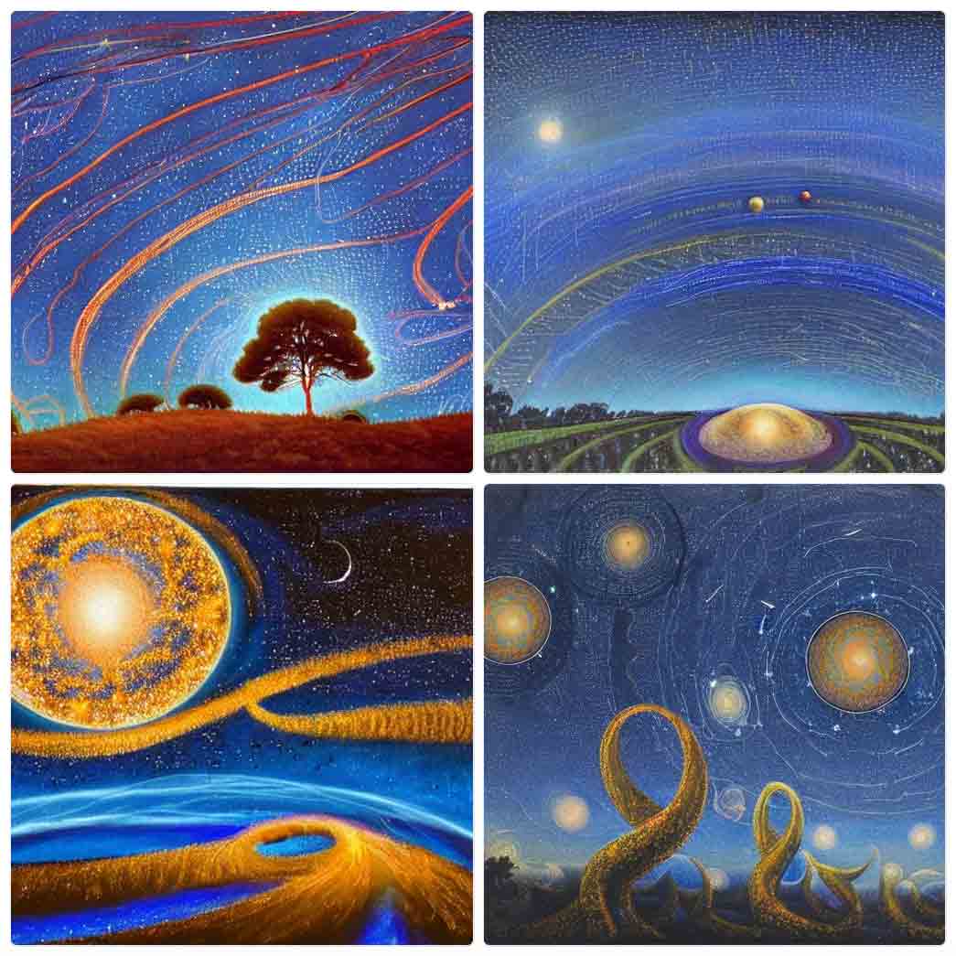 Four images again. A lone tree on a rich orange hill outlined in a light blue glow against a dark blue sky filled with points of light and long horizontal orange streamers. A dark blue sky with wide arcs of almost chalk yellow and darker blue lines, with a glowing mound of yellow ring in purple on the ground, itself surrounded by what may be hedgerows. A painterly yellow sun, surrounded by yellow and blue flecks, circled by a light blue border, looking down from a dark sky over a few ribbons of gold and orange coming up from a rounded blue and light blue horizon as if from a great height. A pair of giant yellow-green  ampersands standing in a darkened field as an a classical illustration of planetary orbits around the sun fills the sky above.
