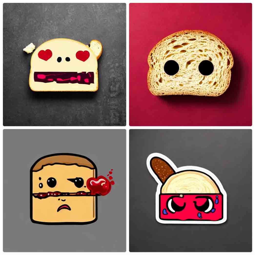 A flat-color slice of bread with two photo-realistic bits stuck on it as ears; it has red heart eyes, black nostrils, and a rectangular mouth with red circuitry lights. A photo-realistic slice of maybe Italian bread with two large pitch black circles as eyes. A cartoon maybe slice of bread or maybe round loaf, with what appears to be a horizontals gash through its middle, which is also its face, with a large blob of blood spilled out at the end, frown and eyes following it. A cartoon maybe gelato bowl, with a cookie sticking up out of the top and two expressive angry eyes behind a few drips of blue moisture, probably sweat.