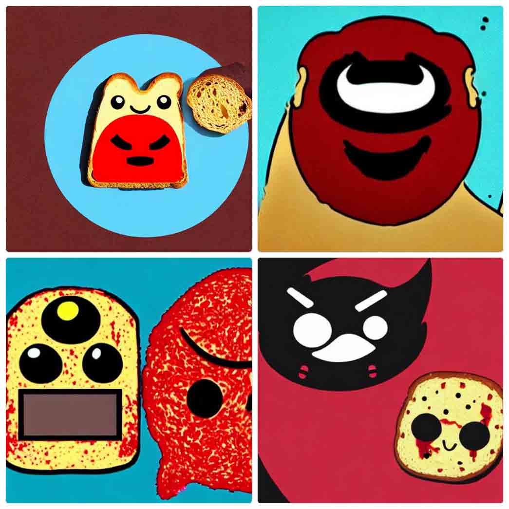 Four images. One is a cartoony slice of bread with a happy face, with an angry red face on its lower half, alongside photo-realistic bread. Another looks like a cyclops meatball wearing a ski goggle, but with a smile. The third is a maybe a cartoon slice of bread with three eyes and rectangle mouth, alongside an upside-down speckled frowning meatball. The last is a stylized black shape that may have horns or pointy ears, with a white angry face, floating above a wide-eyed slice of rye with a trail of jelly across its eyes and mouth.