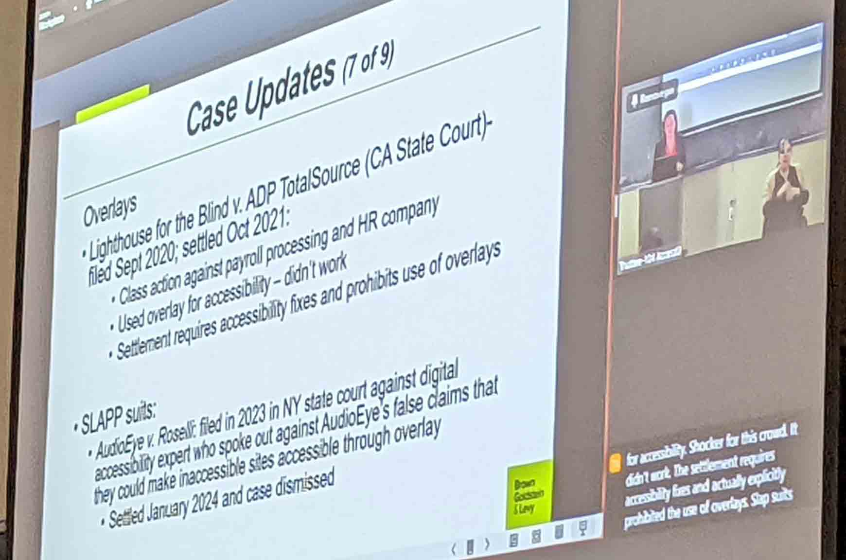 Presentation slide from AccessU showing AudioEye’s ADP lawsuit and its SLAPP against me, Adrian Roselli.