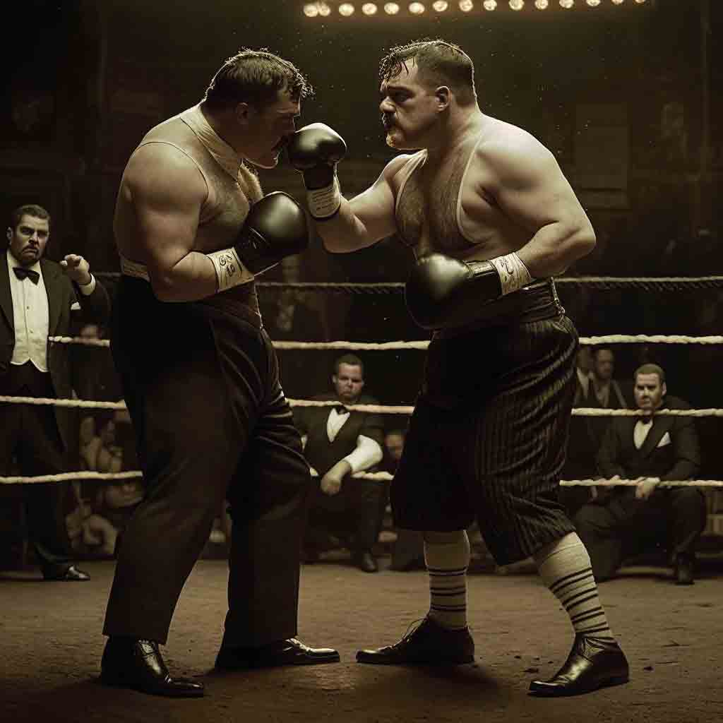 Two bulky men in a 1920s era boxing ring, squaring off with boxing gloves and period clothing — leather shoes, wool slacks (one has his rolled up), no shirts, but one is wearing a starched collar.