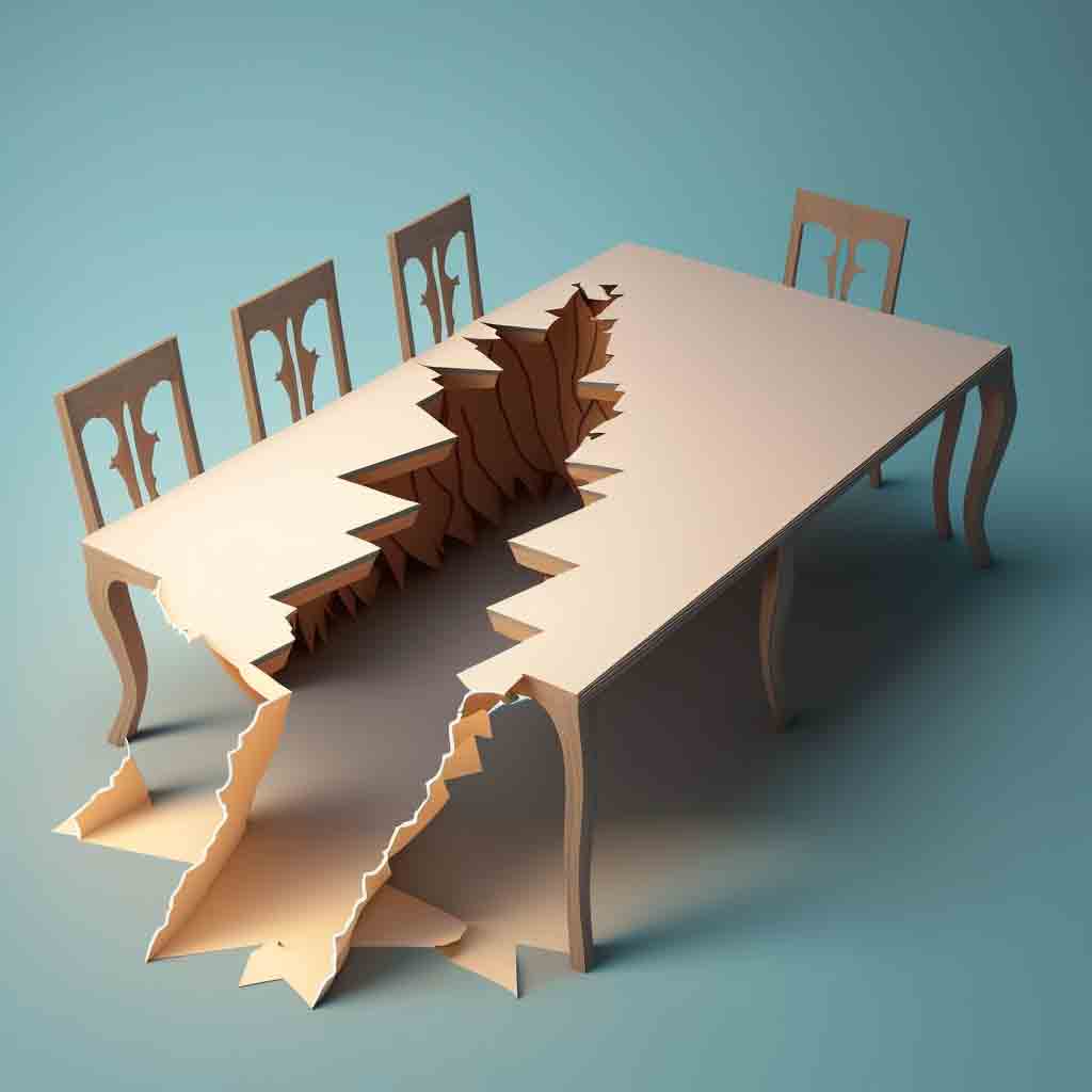 A blonde wood dining table with a very wide crack diagonally along its length, open to nearly the full width at one end, and showing a dark wood-lined maybe extra-dimensional space within.