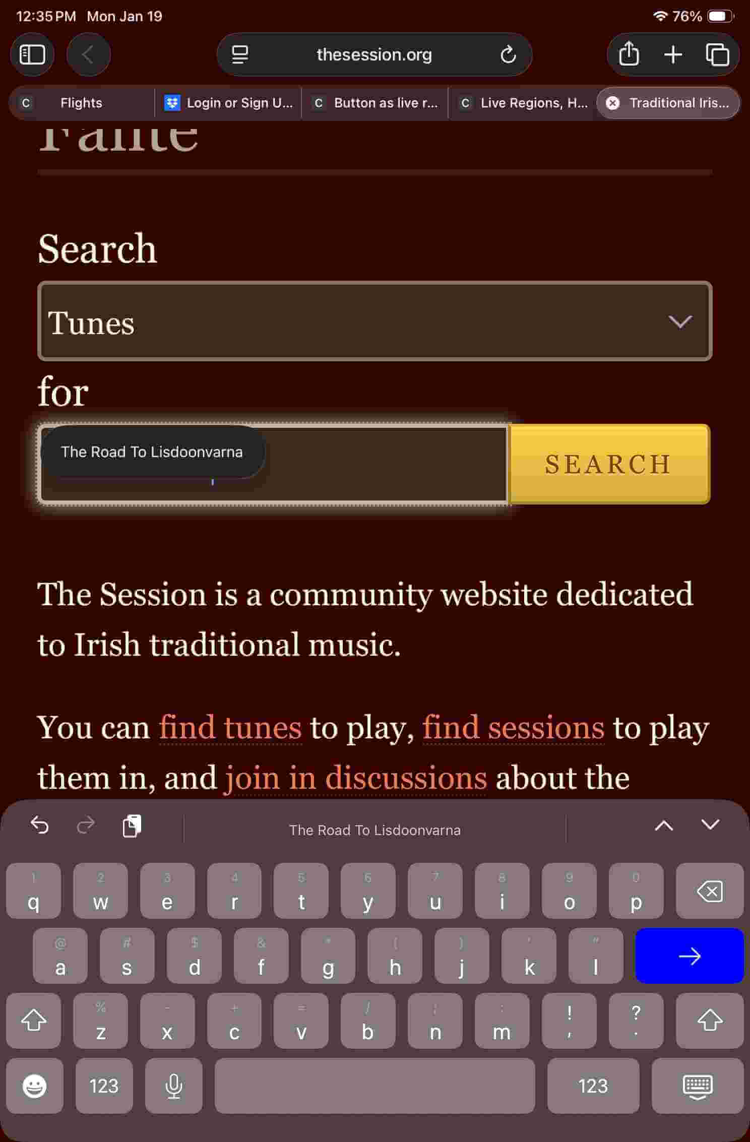 A search input on theSession.org where the value of a search suggestion covers the text in the input, even though he suggested text is about half the size of the rest of the text on the page.
