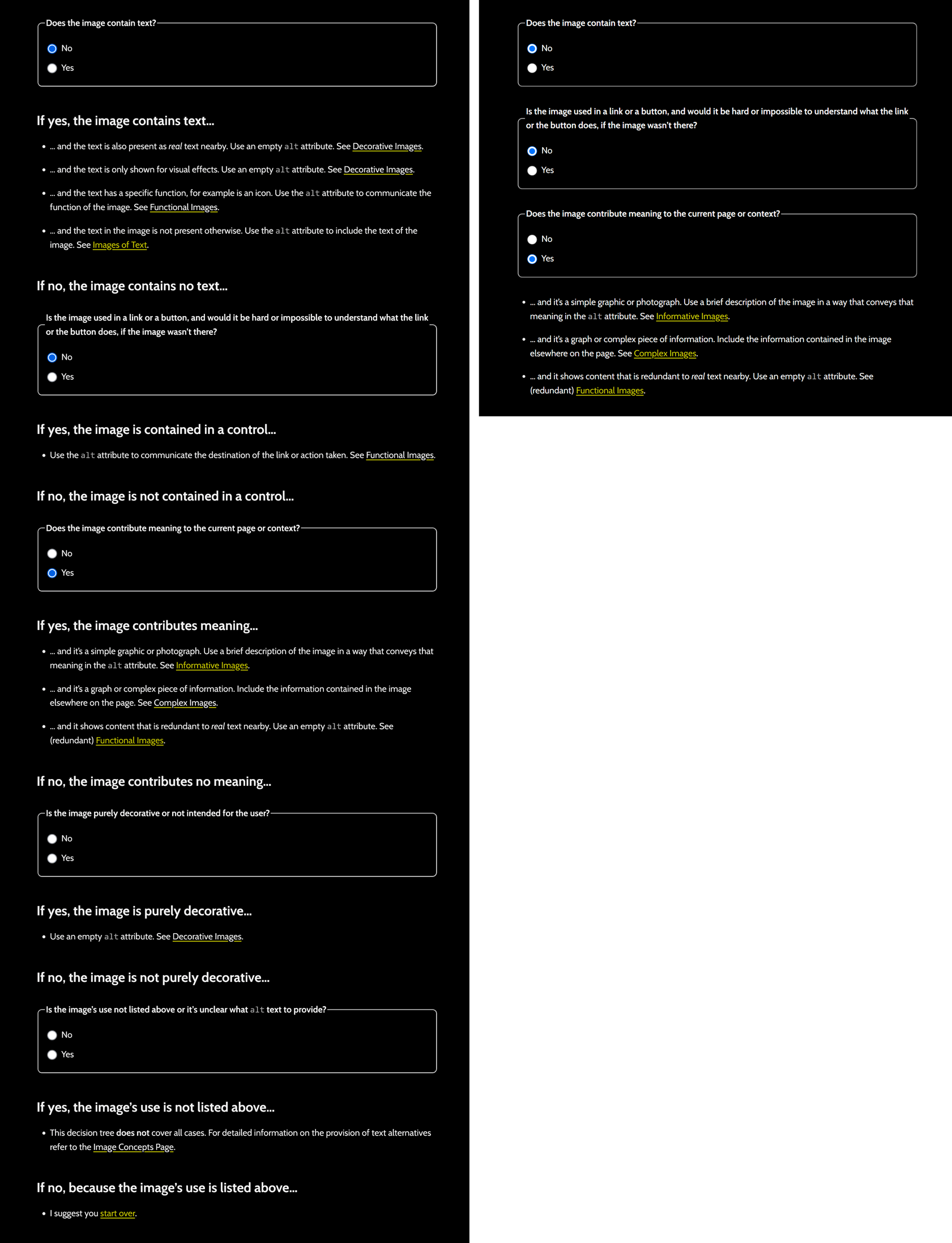 Side-by-side comparison of two web pages; the first shows all the possible content even with three questions answered while the second shows content that answers the third question alone, resulting in a much shorter page.
