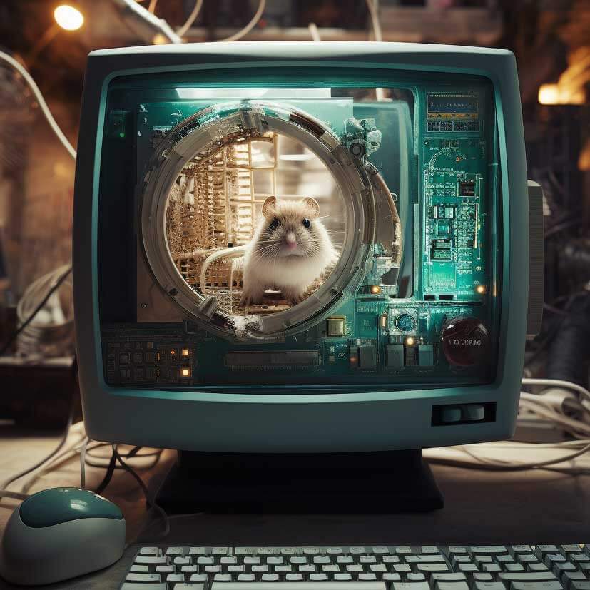 A CRT computer monitor with the screen pulled off to show a hamster looking out from its hamster wheel
