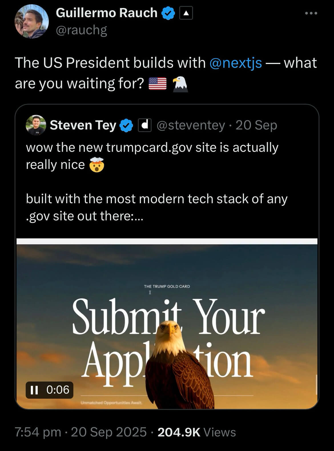 A screenshot of a tweet from Vercel CEO saying “The US President builds with @nextjs — what are you waiting for?” along with a screenshot of a tweet mentioning how trumpcard.gov is built using Next.js