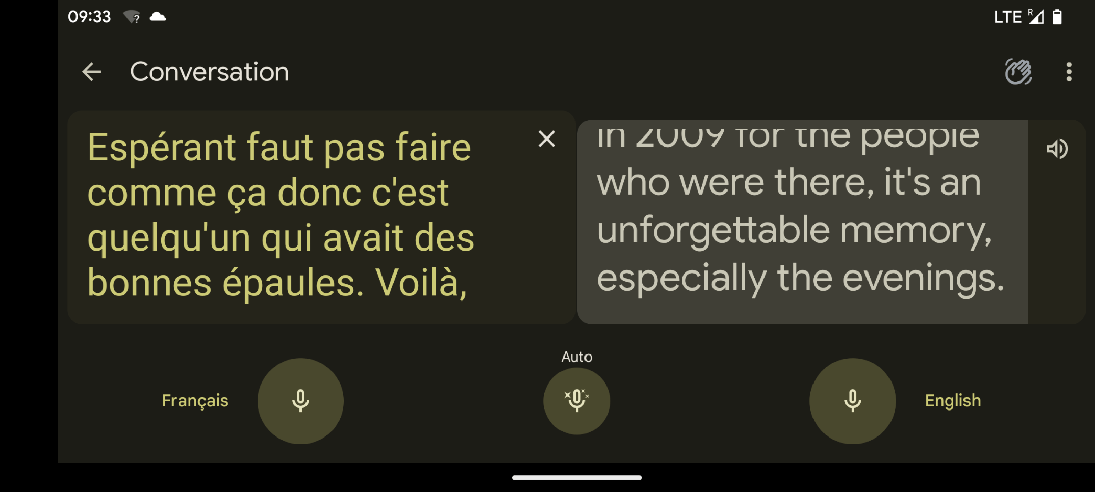 Google Translate screen shot; I captured the part where Stephane talked about having Molly here as an unforgettable memory, especially the evenings.