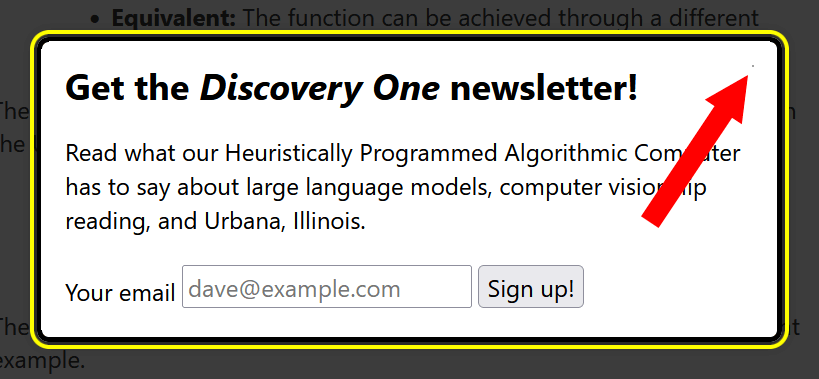 The modal dialog from the example with a red arrow pointing to a tiny 1 pixel smudge in the corner.