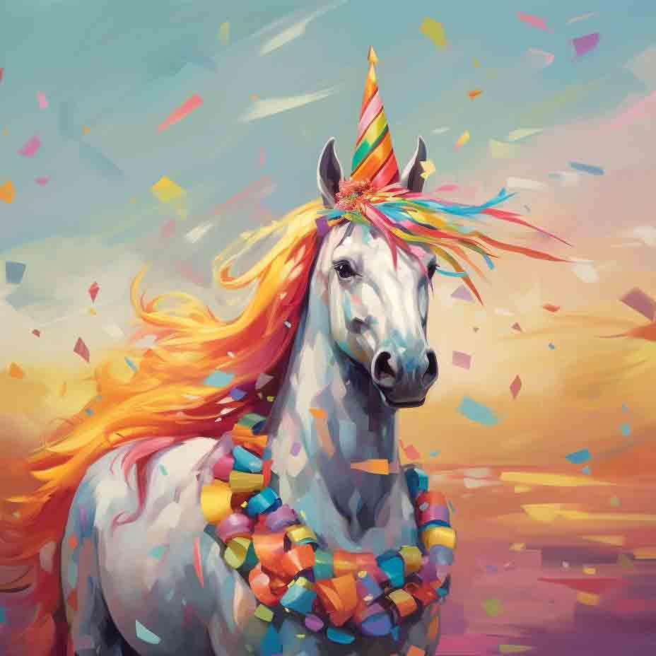 Close-up of a horse wearing a rainbow party hat, looking almost like a horn. The horse is surrounded by bursts of rainbow colors that match is rainbow mane and rainbow necklace wreath of shapes.