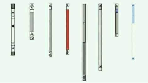 A series of eight old fashioned vertical scrollbars of different heights and colors.