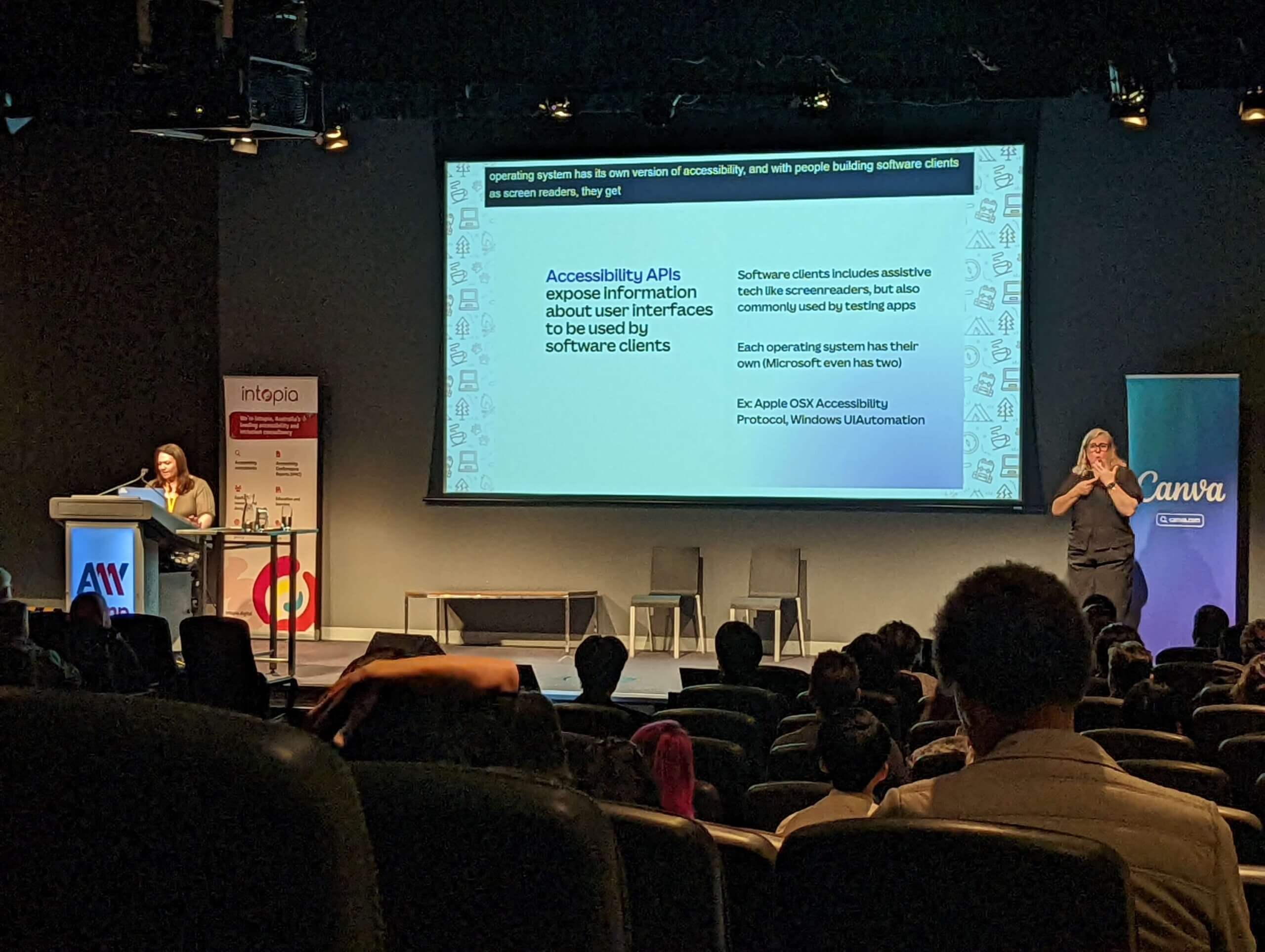 Slide: “Accessibility APIs expose information about user interfaces to be used by software clients.” “Software clients includes assistive tech like screen readers, but also commonly used by testing apps.” “Each operating system has their own (Microsoft even has two).” “Ex: Apple OSX Accessibility Protocol, Windows UlAutomation.”