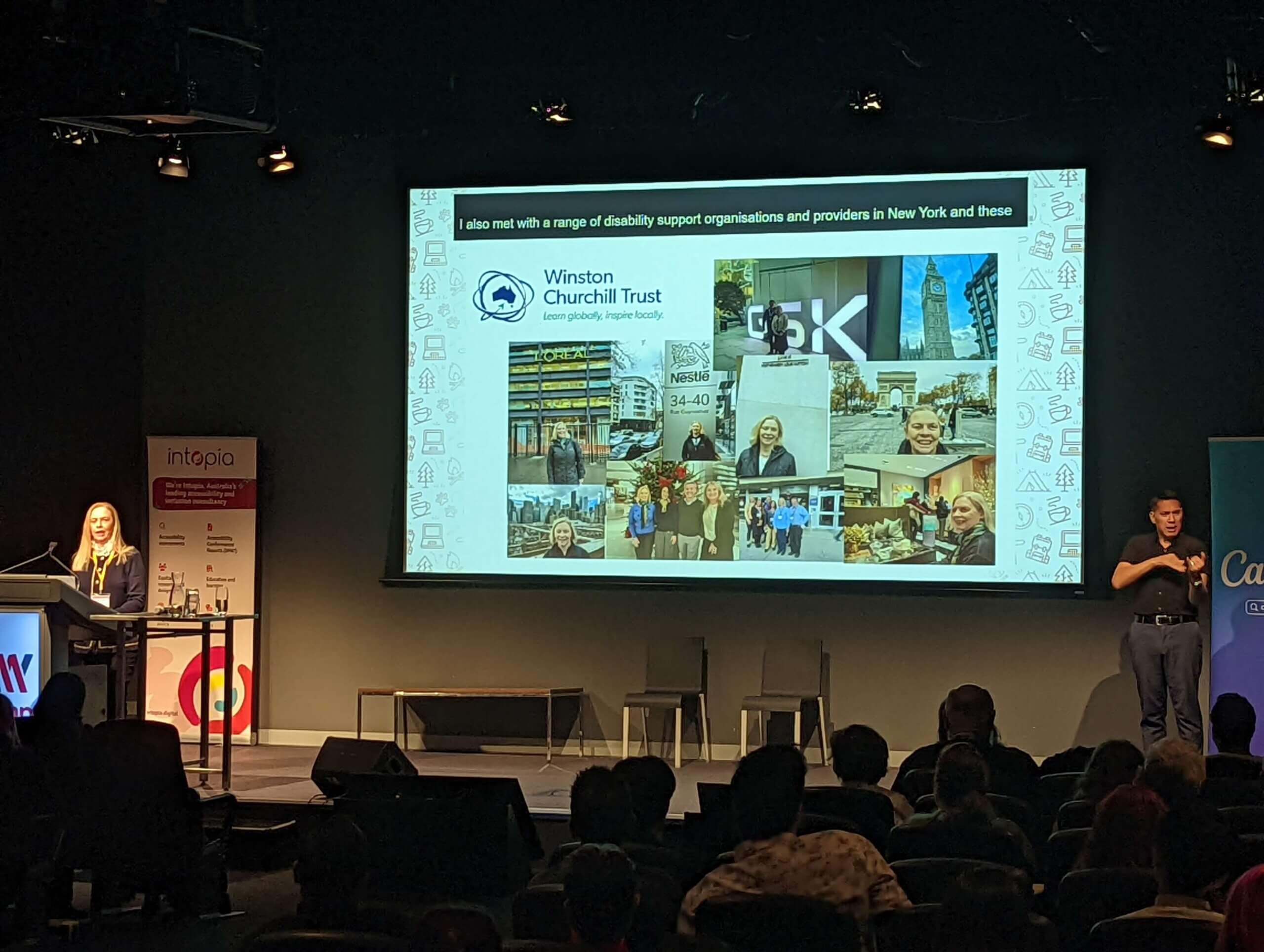 Slide of Donna in front of various landmarks (Big Ben in London, Arc de Triomphe in Paris) and in front of various corporate offices (L'Oréal, GSK, Nestle). The slide is titled with the Winston Churchill Trust logo.