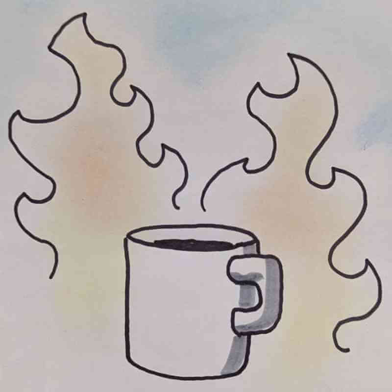 Hand-drawn coffee mug with flames behind it.