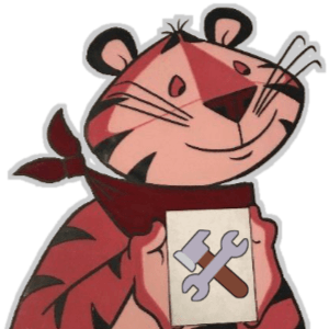Tony the Tiger, 1960s style, holding a card showing a crossed wrench and hammer.