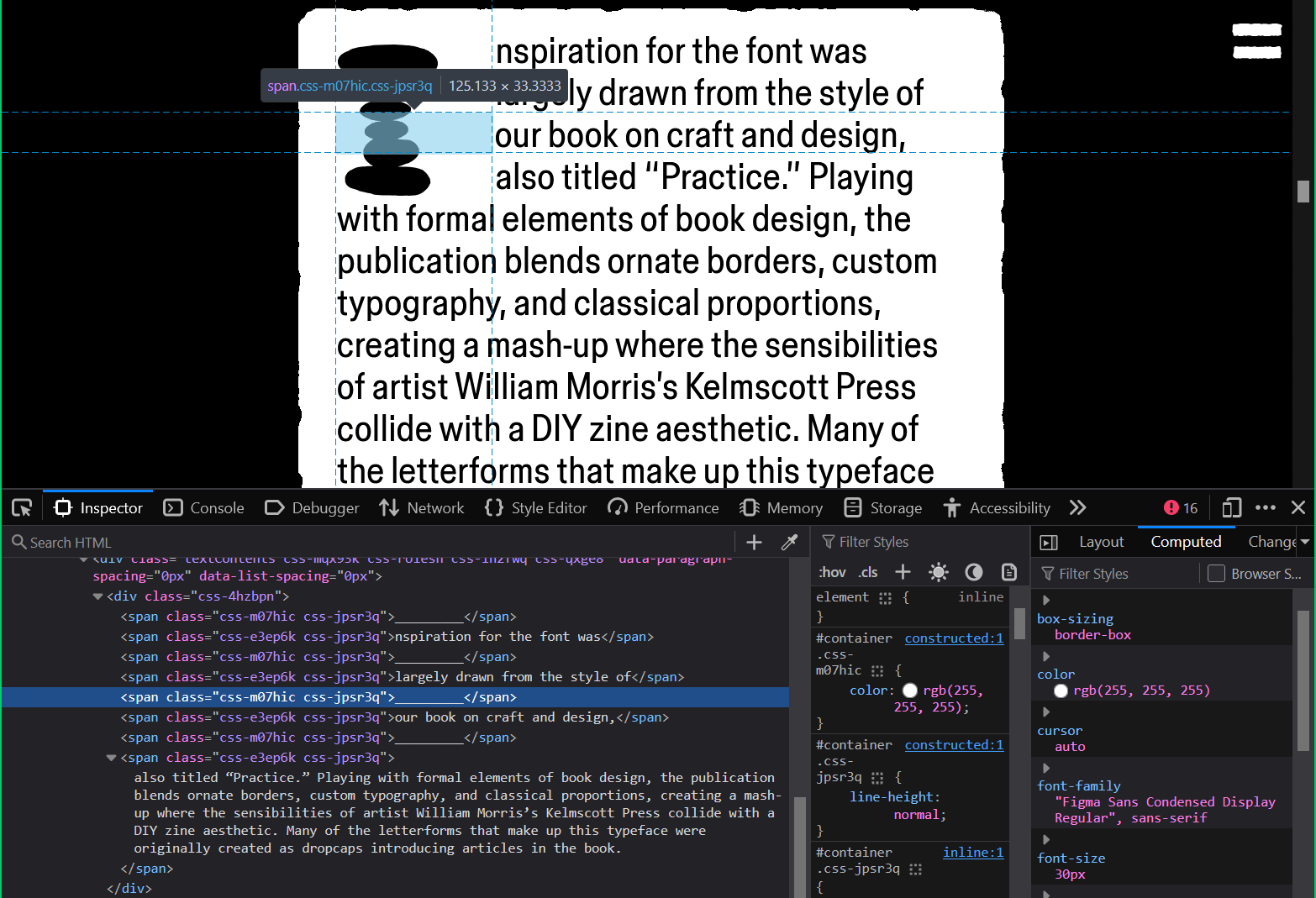 A paragraph of text with the first letter much larger and spanning four lines of text; the dev tools show the space for the large letter is made from spans of underscores pushing the words out and styled to match the background color so they are invisible.