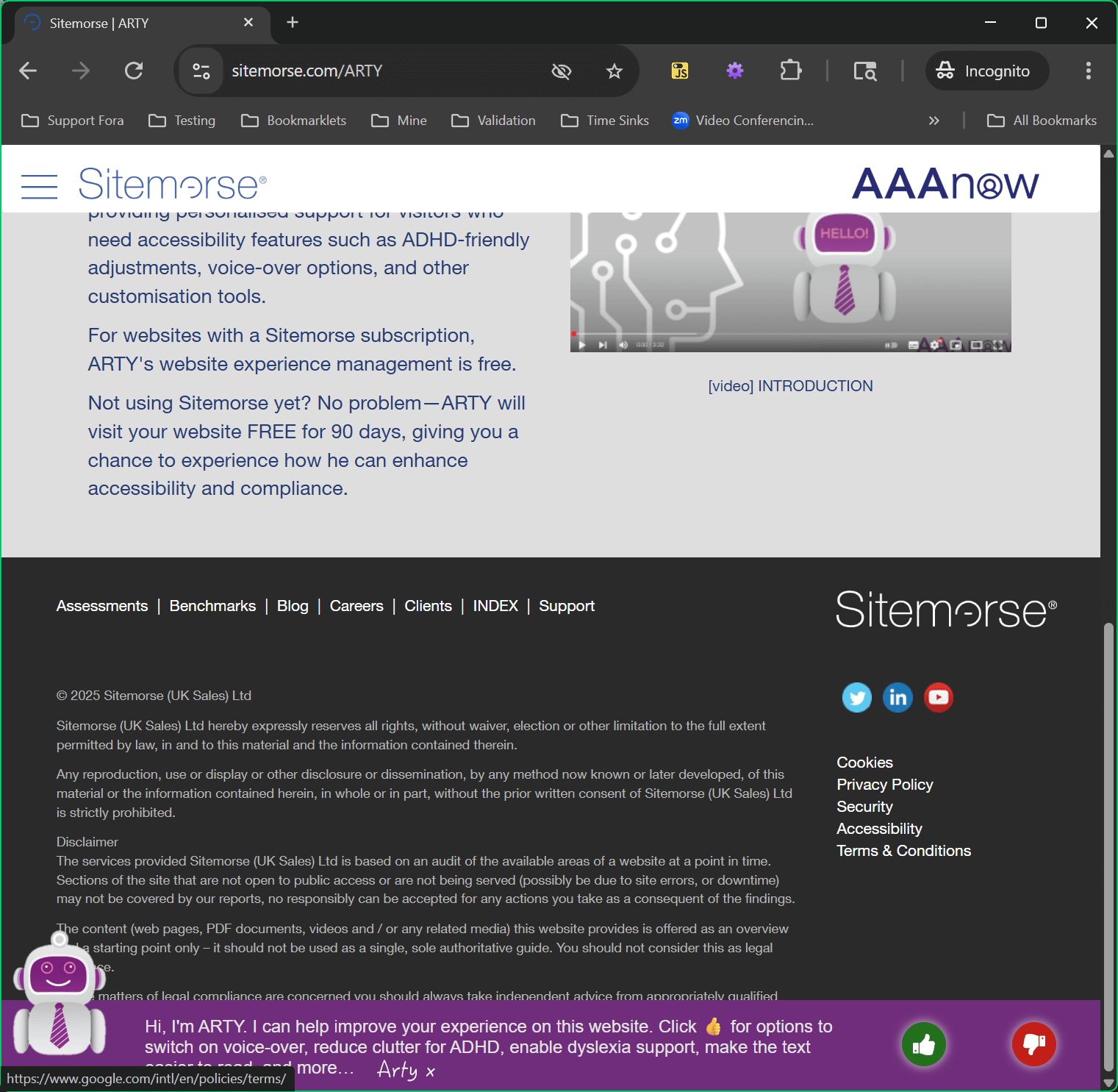 A footer of legalese and links, and at the bottom is a purple banner with a little robot, a green thumbs-up and a red thumbs-down.