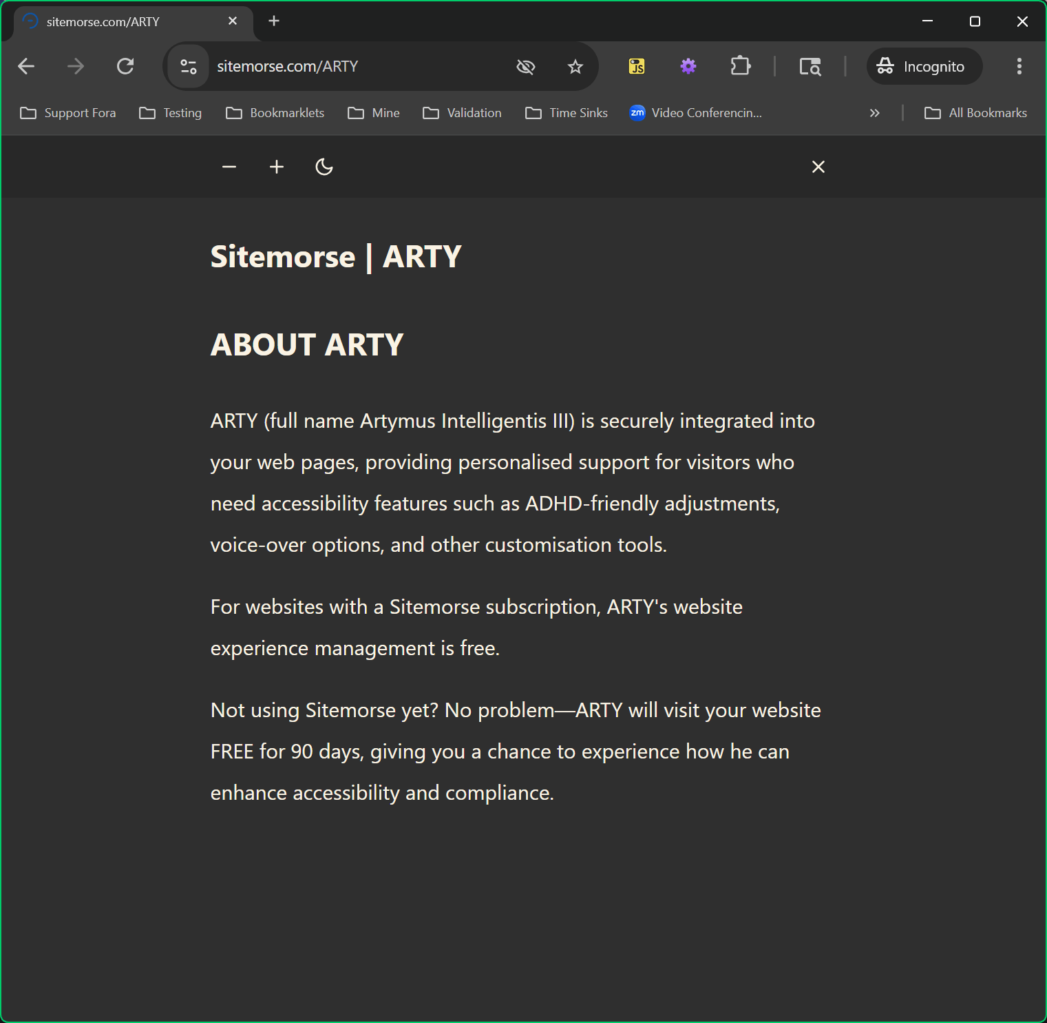 White text on a dark gray page, much like the browser feature, but only some of the page content.
