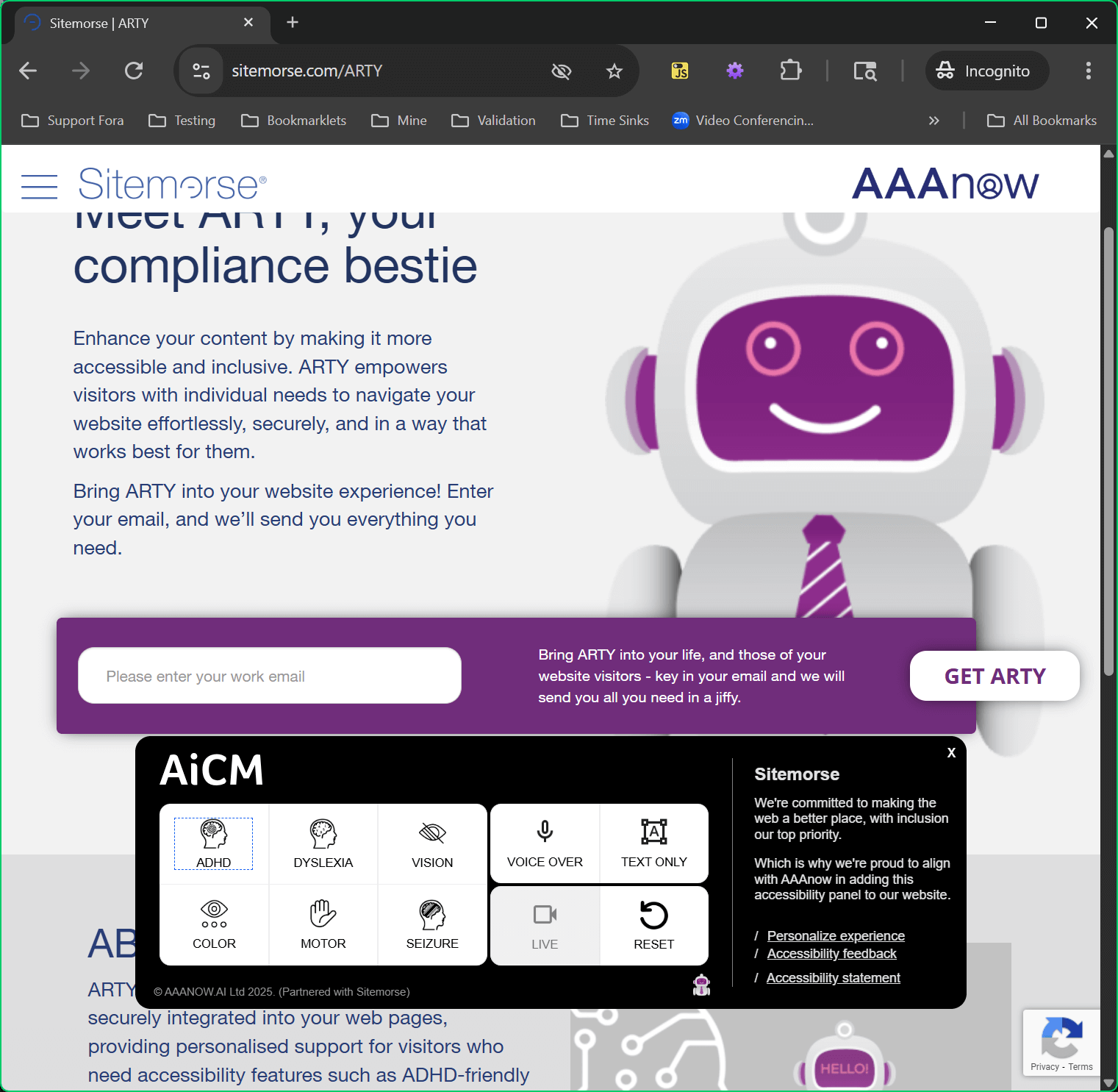 The Sitemorse ARTY page in its default state, with dark text on a light background, a smiling purple robot illustration, and a purple banner with a form field, using only a placeholder, prompting you to enter your email.