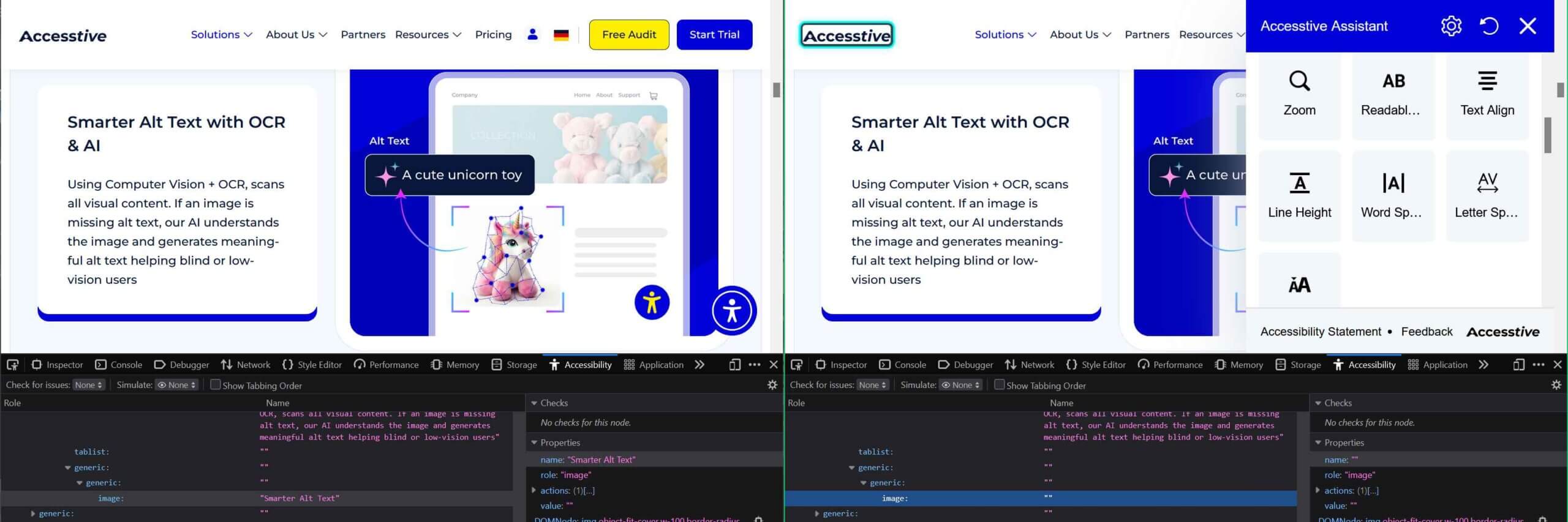 Firefox dev tools showing the image with alt text, and then again without alt text even though the overlay is active. Marketing text: “Smarter Alt Text with OCR & AI. Using Computer Vision + OCR, scans all visual content. If an image is missing alt text, our AI understands the image and generates meaningful alt text helping blind or low-vision users.”