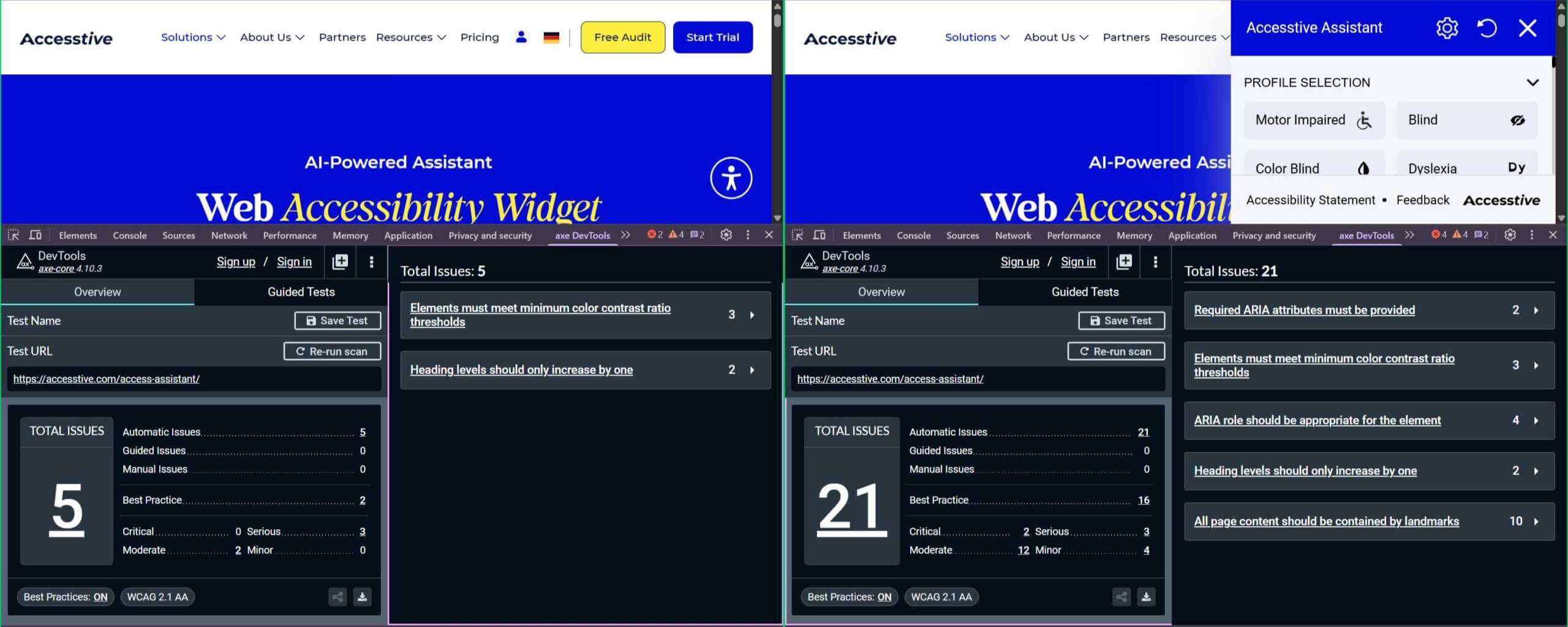 The overlay product page shows 3 serious and 2 moderate issues, with 2 best practices; the same page with the overlay open shows 2 critical, 3 serious, 12 moderate, and 4 minor issues, with 16 best practice issues.