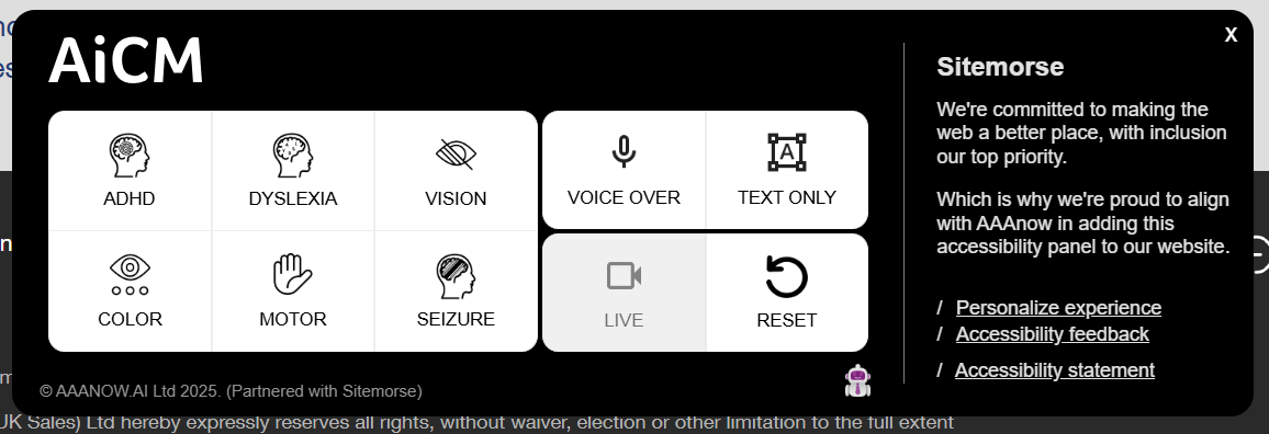 The Sitemorse overlay, copyright AAANow, showing options for ADHD, dyslexia, vision, color, motor, and seizure; other options in a separate box are voice over and text only. There is also a disabled button with a camera icon and a reset button.