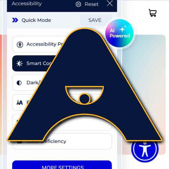 The Accesstive logo A modified to make the stylized dot in the eye of the eye look like a hooded, sad eye, which makes the arced cross-bar of the A look like frown; this is superimposed over the overlay with a colorful circle and text “AI Powered.”