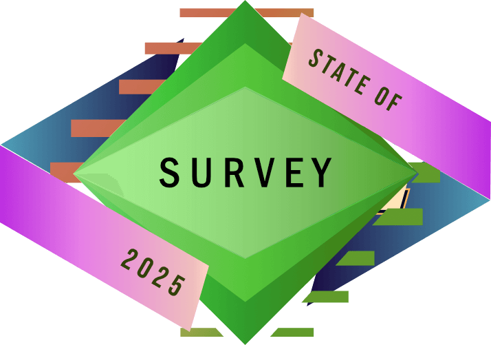 “Survey” in a neon green diamond with two purple wrapper ribbons, “State of” on one and “2025” on the other, very much in the style of ‘State of’ survey logos.