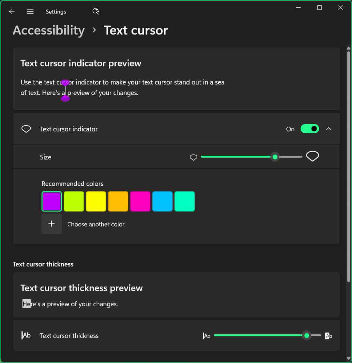The Windows 11 settings screen, showing controls and examples for any caret changes.