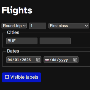 A flight booking form asking for type, count, class, cities, and dates.