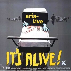 1970s movie poster of darkened baby carriage with two clawed and bloody hands reaching out while cops run in the far background, titled “It’s Alive!”.