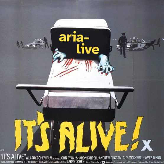 1970s movie poster of darkened baby carriage with two clawed and bloody hands reaching out while cops run in the far background, titled “It’s Alive!”.