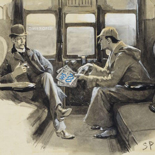 Gouache and watercolor drawing of a white man in a deer stalker cap and long coat leans forward in a private train car seat, pointing to papers in his hand, while across from him sits a white man in a suit, frock coat, and derby, leaning back to listen while holding a pipe.